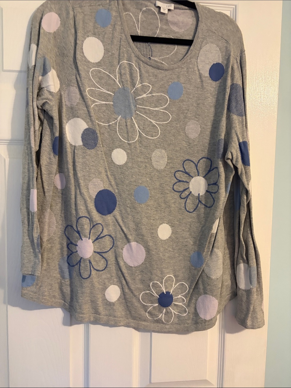 J. Jill Grey Scoop-Neck Floral & Polka Dot Sweater